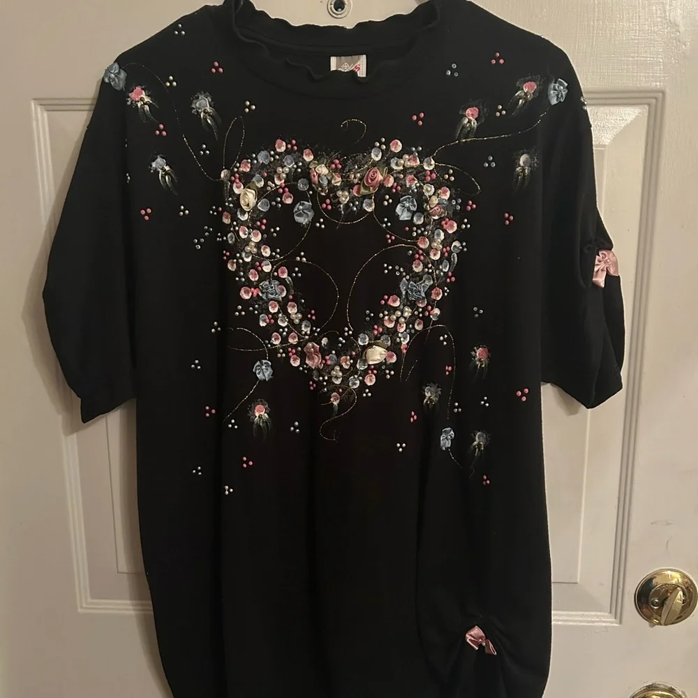 Black Top with Heart and Floral Embellishments - Picture 1 of 4